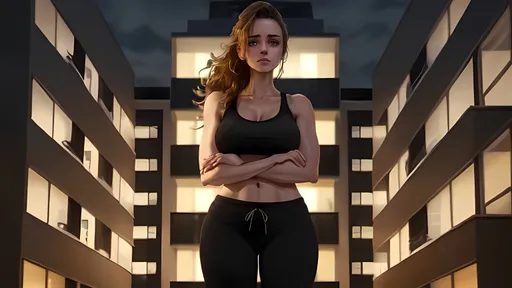 Prompt: a beautiful woman in standing in front of an apartment building  at night. she is wearing sweatpants and a tank top. her hands are together like she is begging