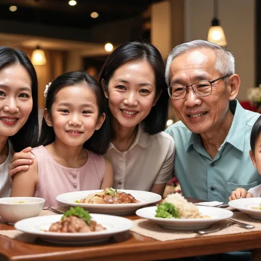 Prompt: Singaporean family celebrating mother's day with elderly father, elderly mother, and two children. they are having dinner in a restaurant not looking at the camera, with a close-up shot 