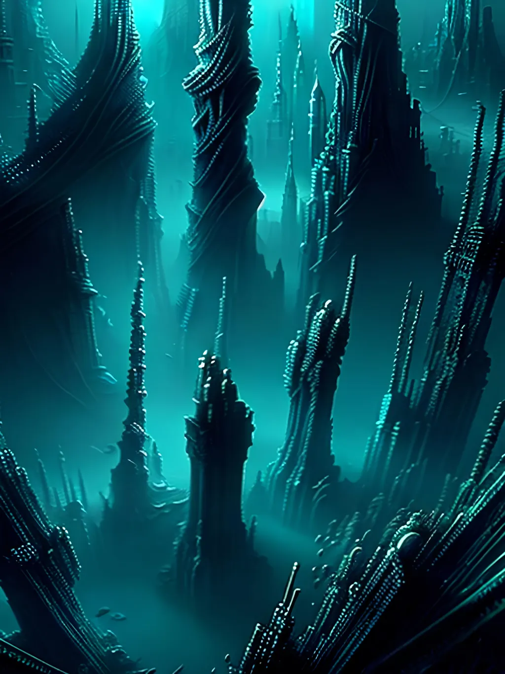 Prompt: In a mesmerizing scene, an otherworldly glitchy city lies submerged in the depths of the ocean. The main subject captured in this breathtaking photograph is an intricate metropolis of twisted towers and distorted landmarks, illuminated by a surreal, ethereal glow. The glitchy effects add a sense of wonder and confusion, as buildings seem to shimmer and shift in unpredictable patterns. This high-quality image vividly portrays the chaotic yet captivating allure of this underwater city, drawing viewers into a world where technology and nature coalesce in bewildering harmony.