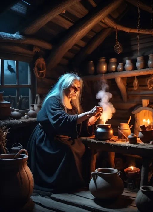 Prompt: An old witch is brewing a magic potion. A scary scene in the witch's hut at night.