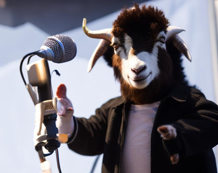 Prompt: A cartoon goat holding a microphone