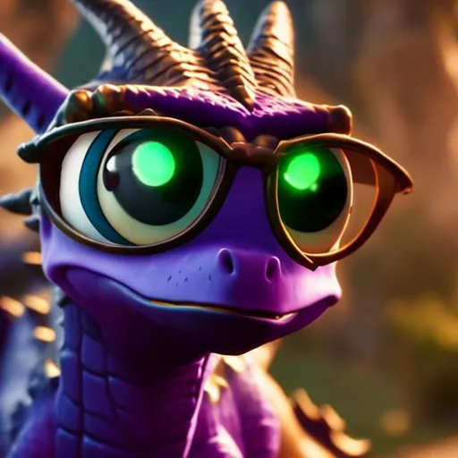 Prompt: Spyro the Dragon wearing glasses, Unreal Engine