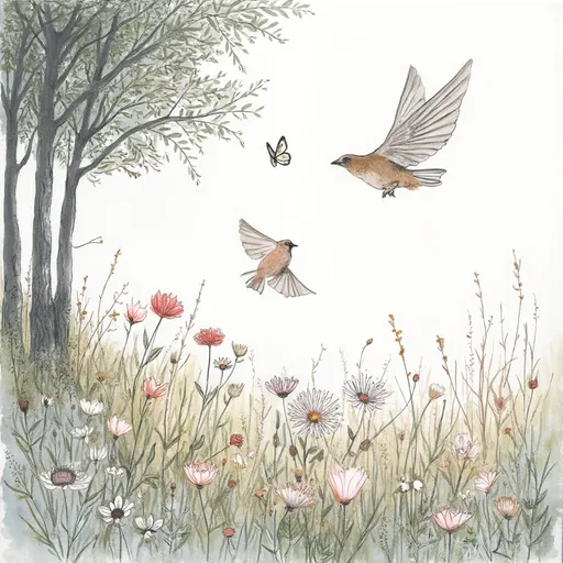 Prompt: Draw a flowery field at the edge of a stand of trees. over the field draw two sparrows chasing a butterfly.