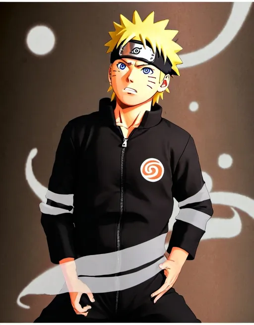 Prompt: Naruto Uzumaki, depicted in his classic black jumpsuit, ready to unleash a Rasengan.