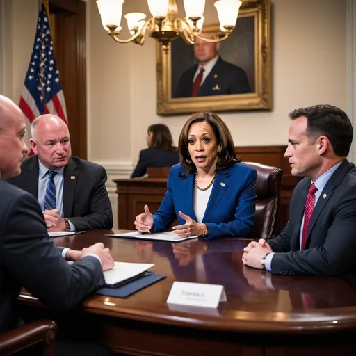 Prompt: (Kamala Harris), engaging in an intense discussion with potential running mates, (Senator Mark Kelly), (Governor Josh Shapiro), (Governor Tim Walz), political setting, vibrant colors reflecting a democratic theme, warm lighting illuminating the determination on their faces, backdrop of Capitol Hill, thoughtful expressions conveying ambition and collaboration, ultra-detailed, HD quality.