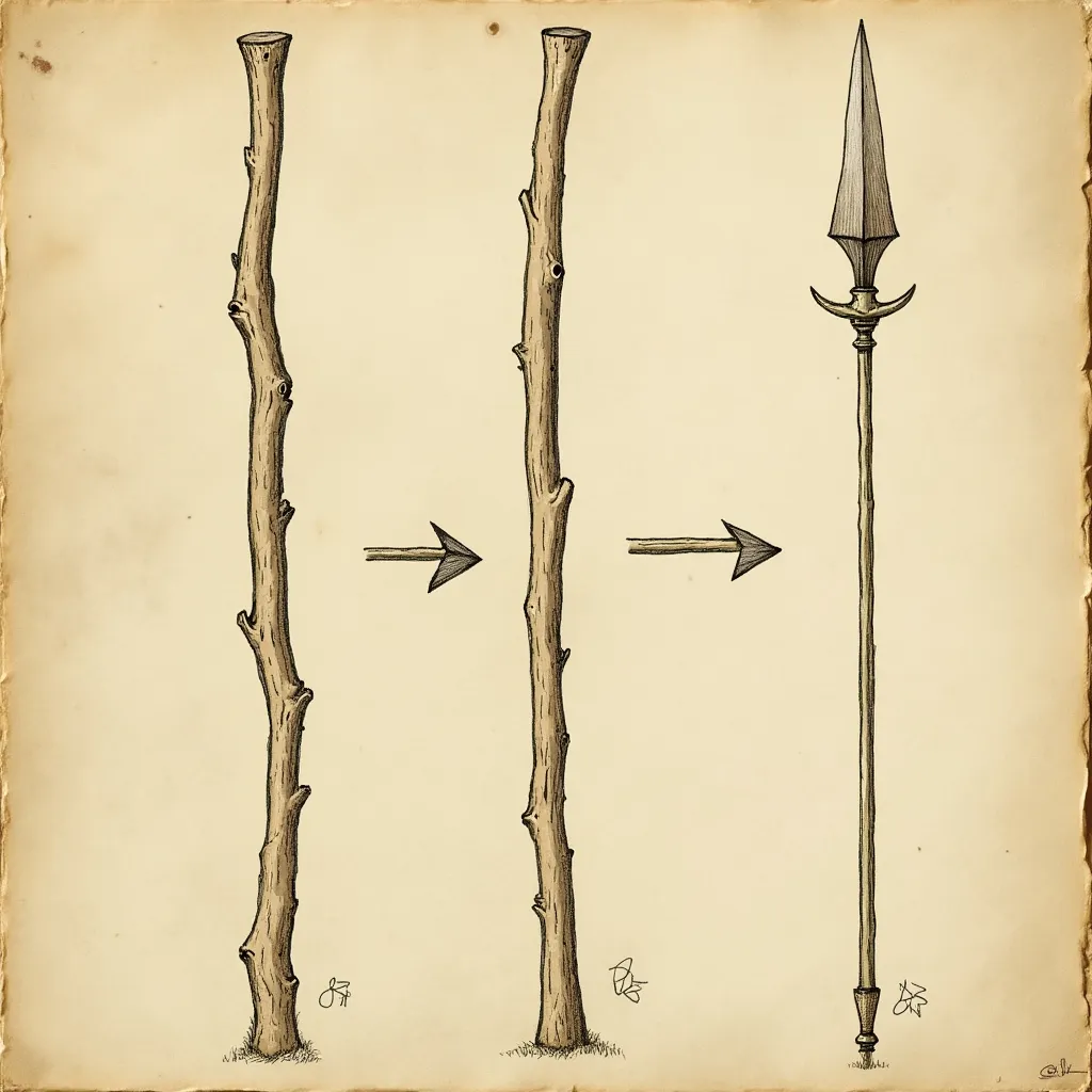 Prompt: A schematic of a wooden stake and transforms into a spear drawn be Leonardo DaVinci