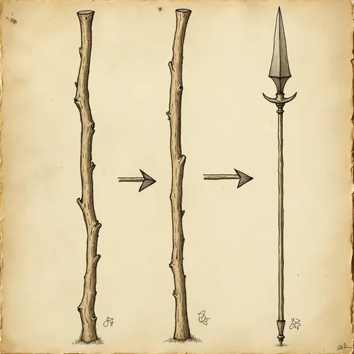 Prompt: A schematic of a wooden stake and transforms into a spear drawn be Leonardo DaVinci