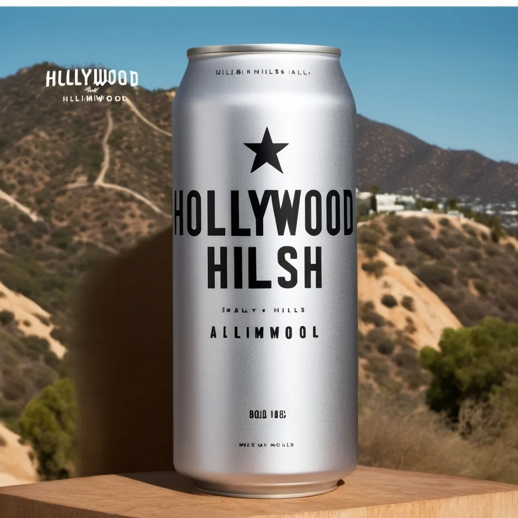 Prompt: [Design a sleek and minimalistic logo on a tall alluminum canned water called  "HOLLYWOOD HILLISH" featuring bold, elegant fonts. Incorporate subtle elements like a stylized outline of the Hollywood Hills or a sparkling water drop that resembles a star, reinforcing the connection to Hollywood’s glamorous vibe.