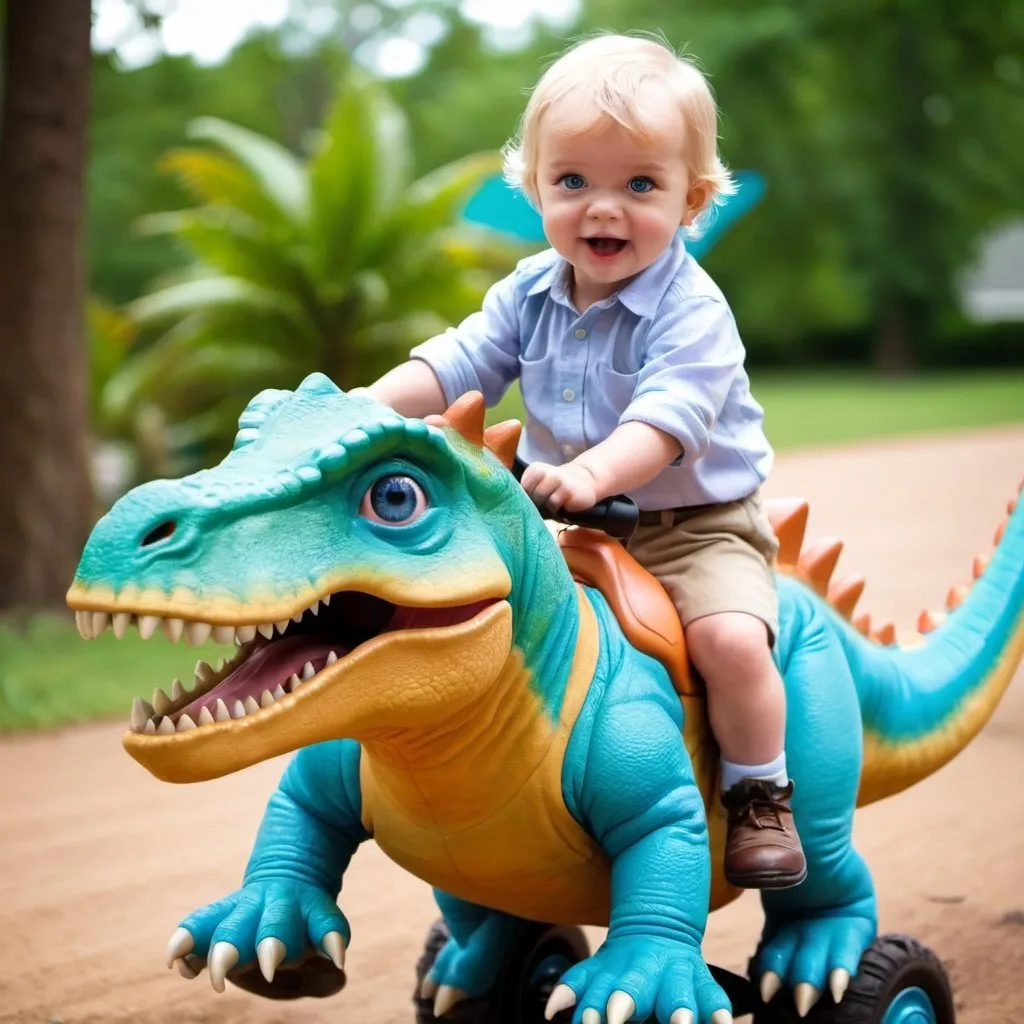 Prompt: A blue eyed toddler riding a dinosaur 