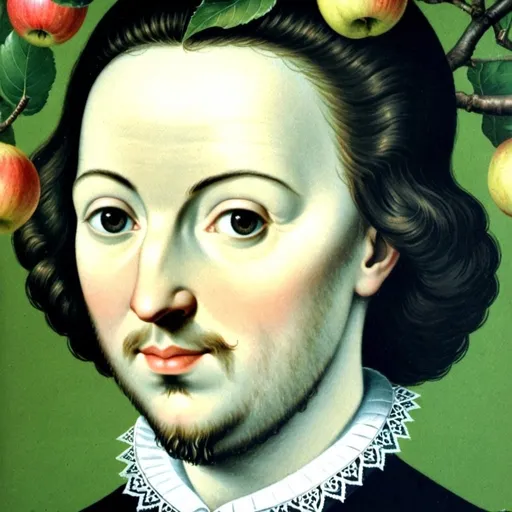 Prompt: A full HD photograph, a real picture, where you see a couple standing in front of an apple tree, where the man looks like William Shakespeare and his wife Anne Hathaway chatting.