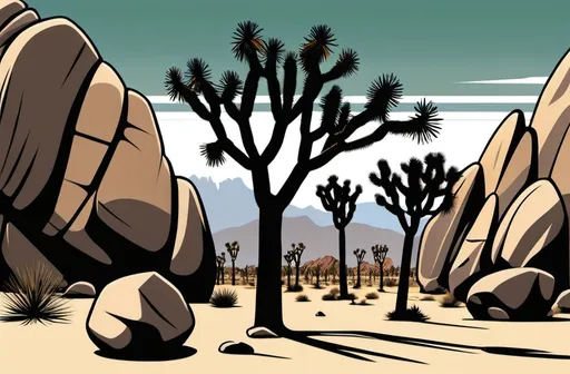 Prompt: vector design of joshua tree with rock boulders in background
