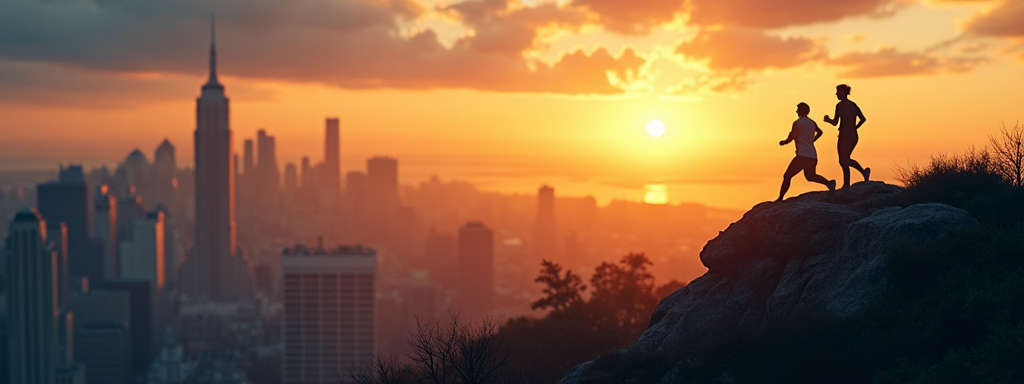 Prompt: "YouTube banner for a motivational channel targeting a U.S. audience. Cinematic sunrise over a modern U.S. city skyline, with silhouettes of a runner and a person on a mountain peak. Clean modern layout with space for text. Color scheme: dark blue, gold, and white. Energetic and inspiring tone. Include subtle American success themes.
