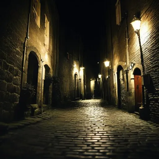 Prompt: Realistic Dark Fantasy, Night, Dim-light.  European, Cobbled Alleyway.  