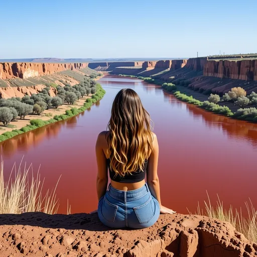 Prompt: Mujer sentada en un mirador de un rio rojo