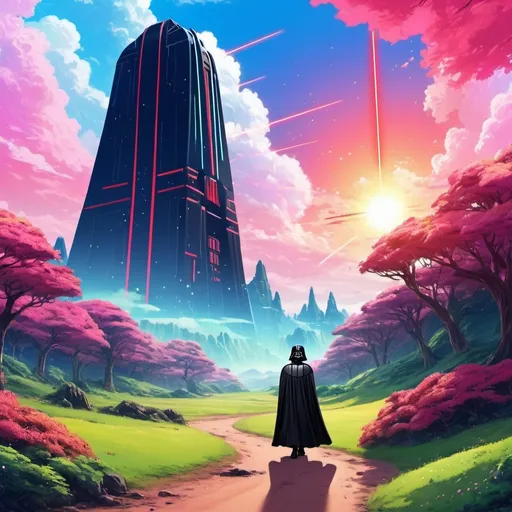 Prompt: (accurately spelled text "darth alu"), anime style background, vibrant colors, dynamic and energetic composition, whimsical elements, captivating anime-inspired landscape, lush scenery, bright skies, playfulness in design, high detail, digital art, immersive atmosphere, enchanting fantasy world, perfect for character introduction, HD illustration.