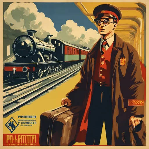 Prompt: soviet style propaganda poster, harry potter waiting on the train