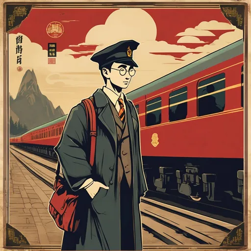 Prompt: harry potter waiting to board a train in chinese vintage propaganda poster style