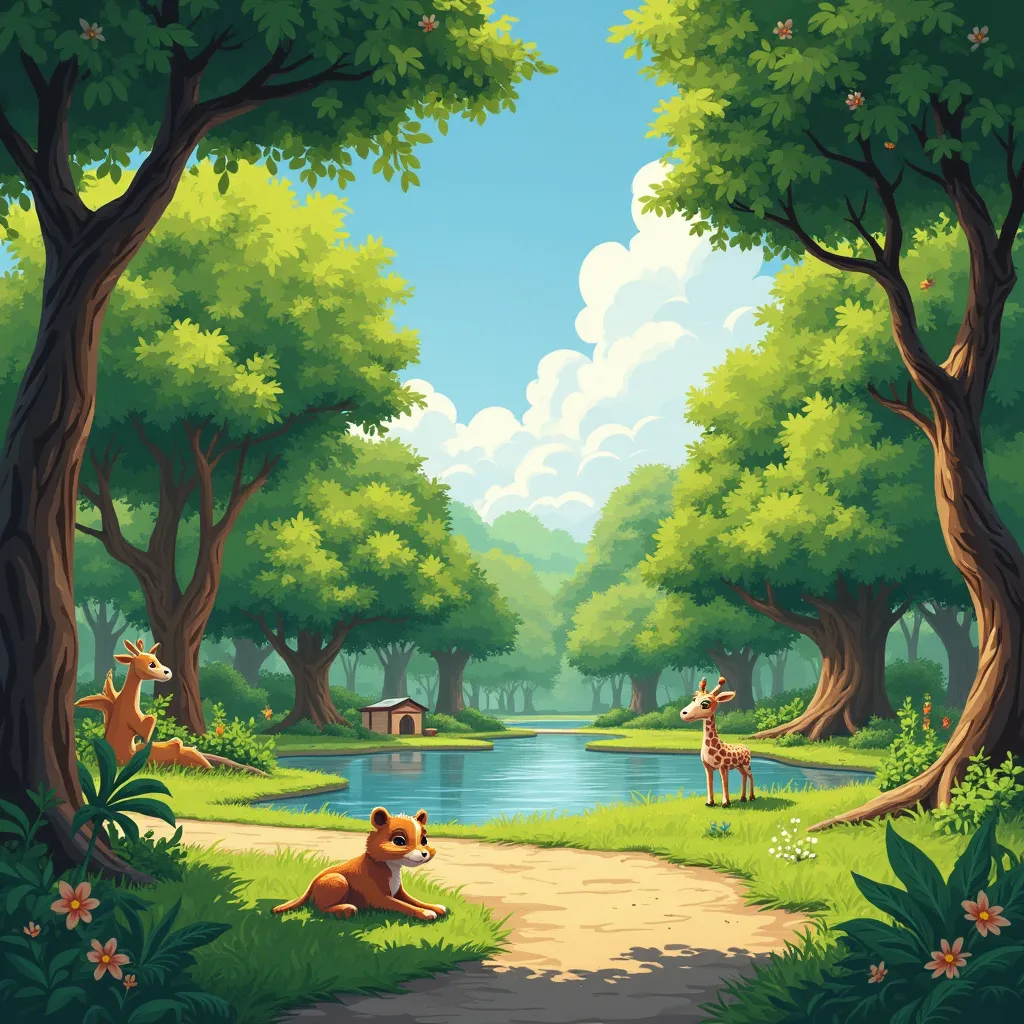Prompt: a eco-friendly park full of trees and animals and please make it realistic
