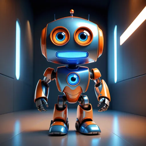 Prompt: A friendly robot named EmShield with a rectangular body (20x10x5), blue and orange metallic colors, glowing big eyes, a smiling face, wearing a modern shiny armor with LED lights, waving its right hand. The scene is bright and cheerful, with soft lighting in a futuristic room. 3D Pixar Style, eye-level angle, 9:16 aspect ratio.