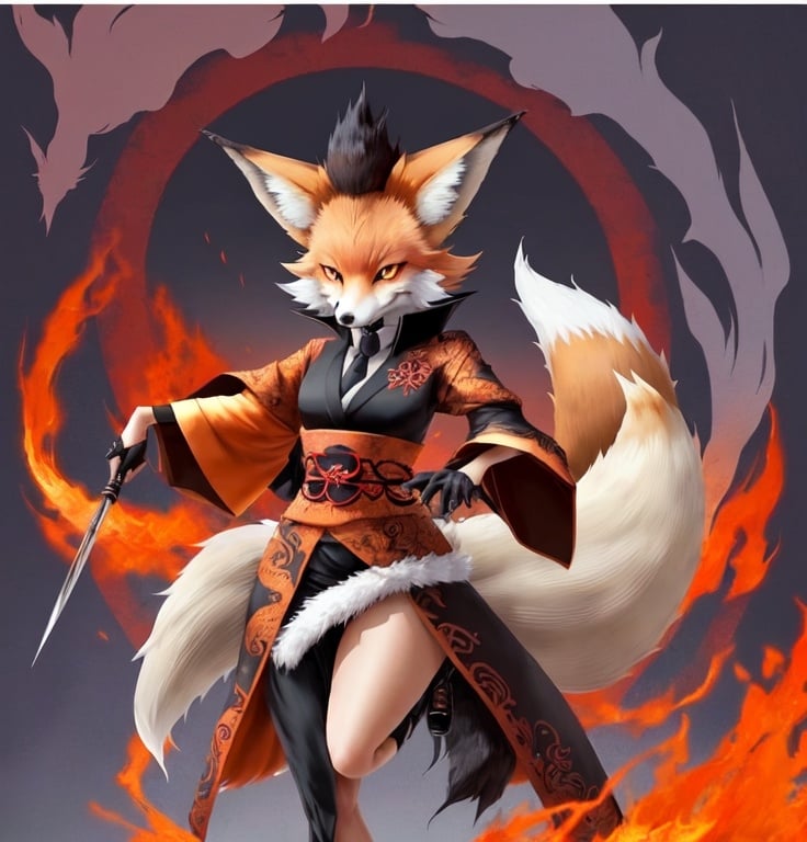 Prompt: A very sharp and wise looking nine tail fox