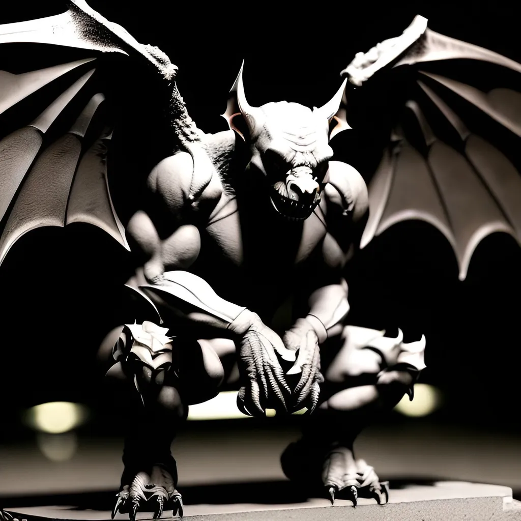 Prompt: gargoyle, bat wings, squatting, sharp teeth, grey background, glowing, hands on knees