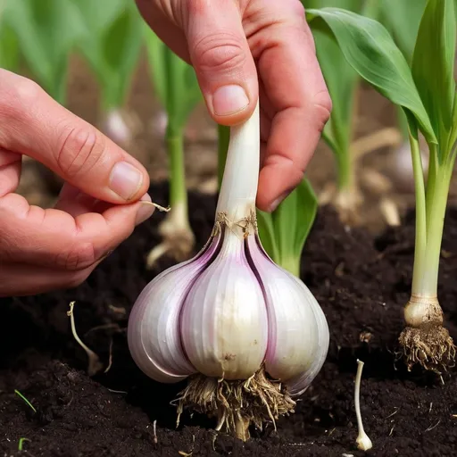 Prompt: Clove Planting: Draw a hand planting a single garlic clove into the soil, pointed end up, with the soil level shown just covering the clove.

Sprouting: Illustrate a small green sprout emerging from the soil, with the garlic clove underneath.

Leaf Growth: Show the garlic plant with several green leaves growing taller and more robust.

Bulb Formation: Depict the garlic plant still growing above ground, but below ground, the garlic clove has started to split and form a bulb with several cloves.

Scape Emergence: Draw the garlic plant with a curly green scape (flower stalk) emerging from the center of the leaves.

Maturity: Illustrate the garlic plant with fully grown leaves starting to yellow and fall over, indicating it's time to harvest.

Harvesting: Show a hand gently pulling a mature garlic plant out of the soil, revealing the fully formed garlic bulb.

Curing: Depict several garlic bulbs hanging upside down in a cool, dry place to cure.