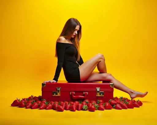 Prompt: a beautiful woman sitting in oversized red suitcase, bold yellow background, surrounded by strawberries, mysterious, dynamic tension, ethereal, unusual leg pose, cross lighting, deep shadows, hair and rim lighting