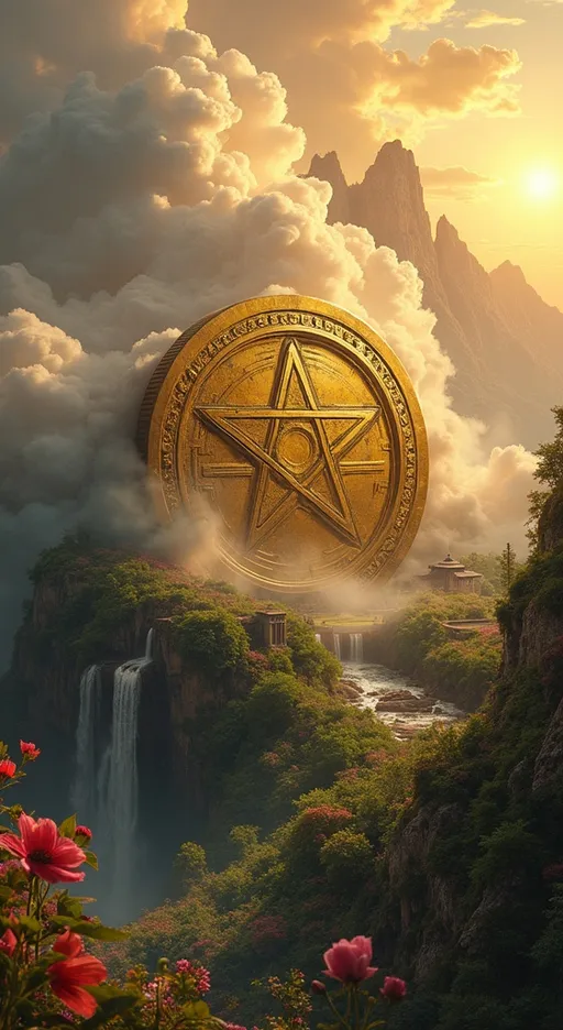 Prompt: Large gold coin with pentagram engraved centered surrounded by fluffy clouds in a fantasy cinematic film still, lush garden flourishing with flowers, waterfall, ancient temple atop a majestic mountain, ethereal fertility with radiant sunrise casting a golden hue, shallow depth of field, symmetry, dramatic lighting , sfumato, captured with a Hasselblad 500c essence, highly detailed, professional photography.