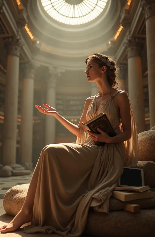 Prompt: Mnemosyne seated in a grand ancient library resembling the Pantheon, with soft ambient lighting and a beam of light streaming from the dome’s oculus. She wears an earth-toned flowing gown, with subtle modern design touches. Her pose is Raphael-inspired, balanced and serene, with one hand holding an ancient book while the other reaches out toward the viewer in a gentle, inviting gesture. The composition follows a golden spiral, guiding the viewer’s eye through her graceful figure and the environment. Beside her, a digital tablet, e-reader, and scrolls blend classical wisdom with digital knowledge. Her delicate crown has both ancient and modern patterns, and she glows softly. She is extremely beautiful, radiating wisdom, calm, and deep contemplation.
Canon 5D Mark II, 50mm lens, f/2.8, ISO 100, soft lighting, shallow depth of field, focus on her face