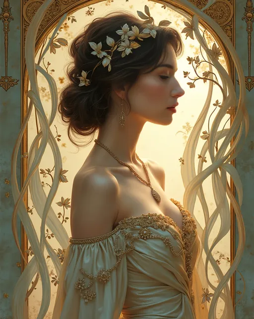 Prompt: photorealistic and lifelike modern Alphonse Mucha Art Nouveau inspired portrait, elegant woman draped in chic shimmering flowing garments intertwined with curvilinear botanical forms, decorative borders embellished with nature motifs, ornate jewelry adorning the subject, highly detailed line work reflecting organic aesthetics, professional photograph, intricate patterns, pastel color palette, golden ratio composition, dramatic cross lighting, ultra-fine details, Canon 5d mark ii, EOS 50mm lens, f/11, ISO 100