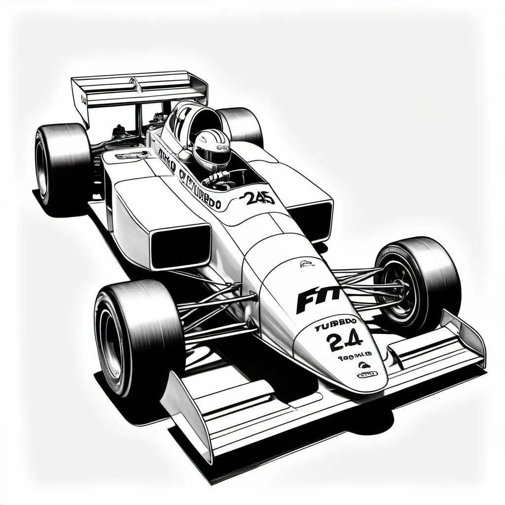 Prompt: drawing of a turbo era formula 1 car in blac and white

