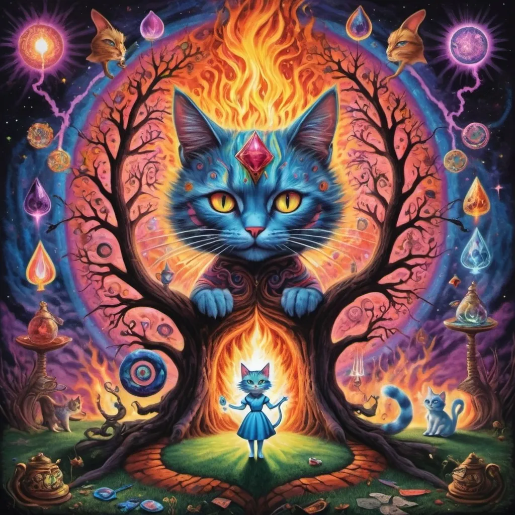 Prompt: Psychedelic chakra astroplane of consciousness and power lightening tree struck fire immortal sanity Alice in Wonderland jester cat