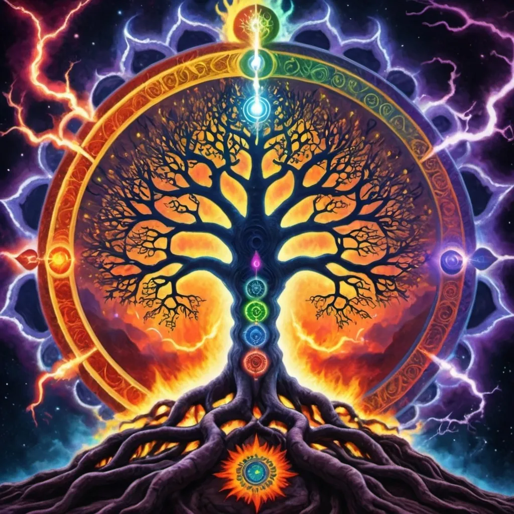 Prompt: Psychedelic chakra astroplane of consciousness and power lightening tree struck fire immortal sanity sedusa demonic 