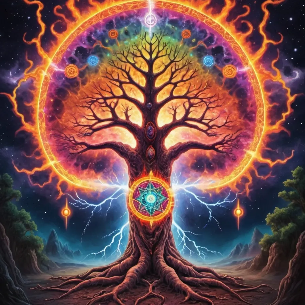 Prompt: Psychedelic chakra astroplane of consciousness and power lightening tree struck fire immortal sanity demonic alien