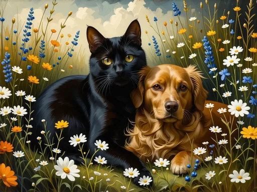 Prompt: gato preto abraçando cachorro caramelo em um campo de flores silvestres no estilo El Greco