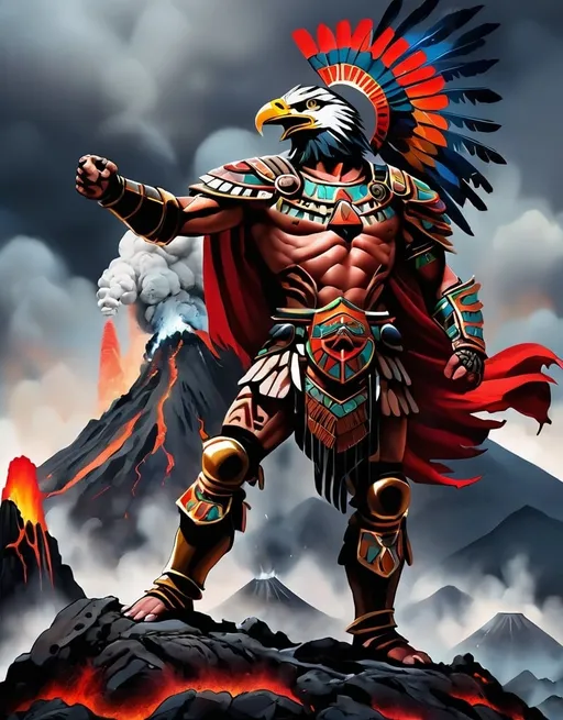 Prompt: an aztec eagle warrior standing, in full armor, on a hill, with a volcano spitting lava in the background. dark background with emphasis to colors
