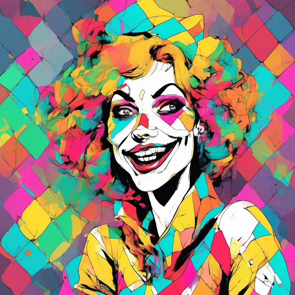 Prompt: Create an image of a harlequin smiling with her mouth wide open but looking sad.