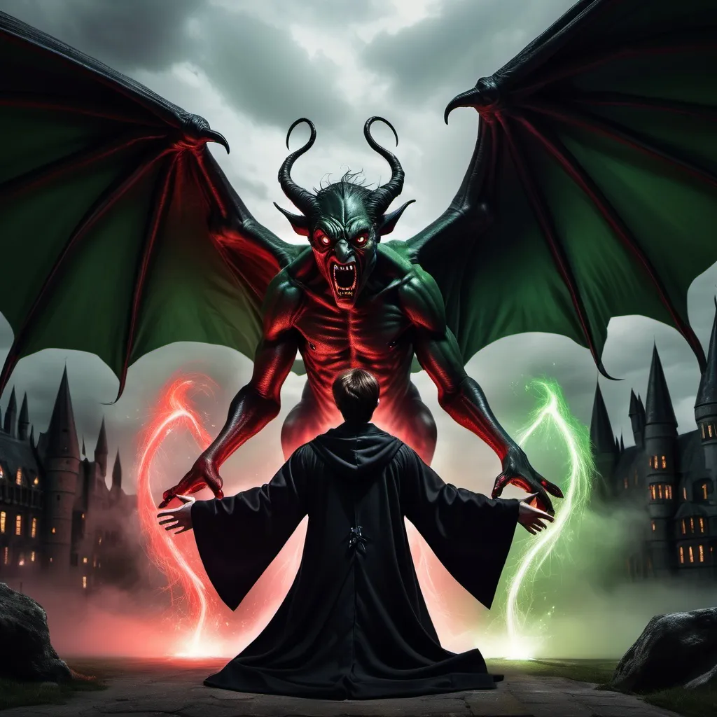 Prompt: Harry Potter bows down to giant black red demon with wings, witchcraft, black demons, black, red, green magic