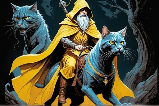 Prompt: 1970s dark fantasy book cover art, paper art style, dungeons and dragons style drawing, a wizard in yellow robes, the mage is riding a cat, 