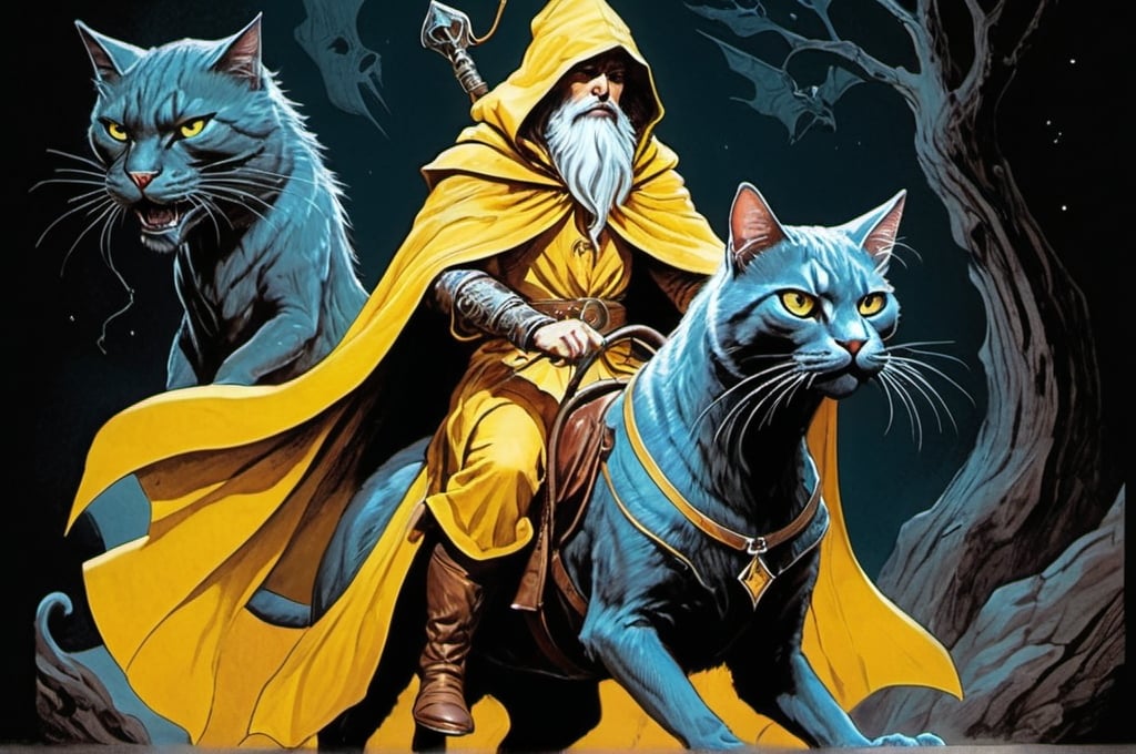 Prompt: 1970s dark fantasy book cover art, paper art style, dungeons and dragons style drawing, a wizard in yellow robes, the mage is riding a cat, 