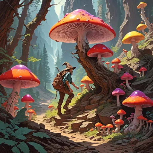 Prompt: <mymodel>Hyper realistic, photorealism, extreme detail, clear rainbow-colored glass mushrooms, realistic forest floor, high quality, detailed, vibrant colors, professional, realistic style, forest background, vivid lighting, dynamic lighting, gnome walking through giant mushrooms,