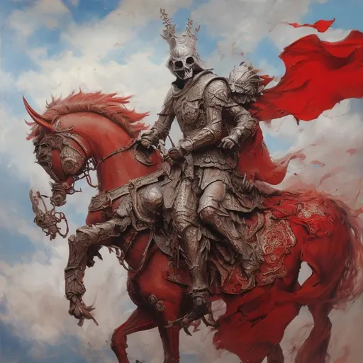 Prompt: ,ghost, king without a face, on a red horse, oil painting, anime