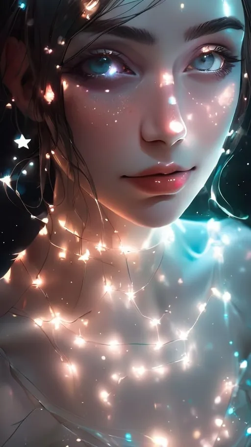 Prompt: A dark whimsical portrait with glowing luminos attributes. Floating lights and neon stars