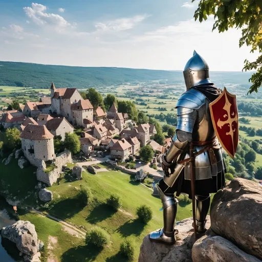 Prompt: a knight looking from a rock at a beautiful village