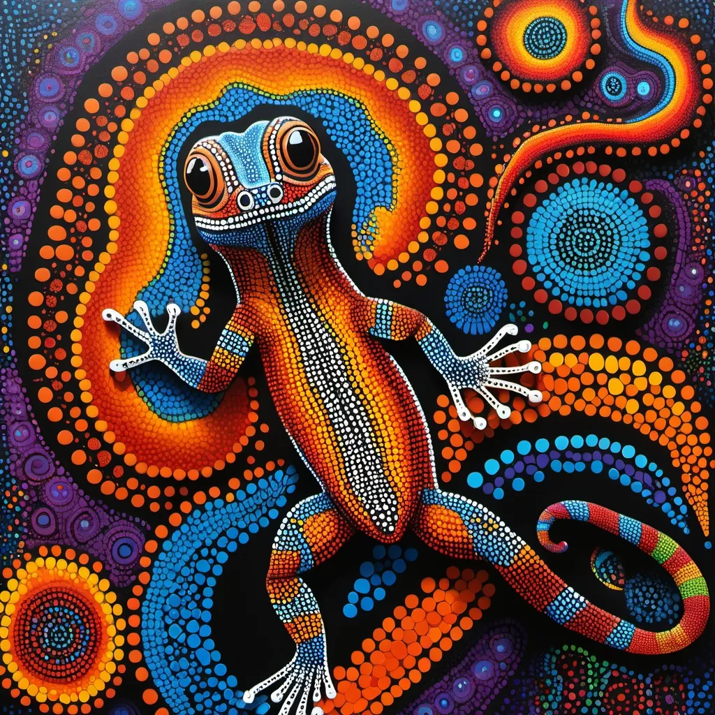 Prompt: Australian Indigenous Dot Art painting of a gecko
 in bright colours
