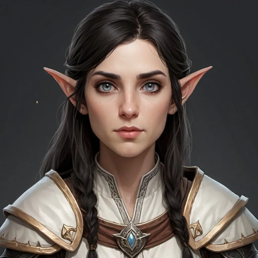 Prompt: female half-elf cleric with dark hair and eyes