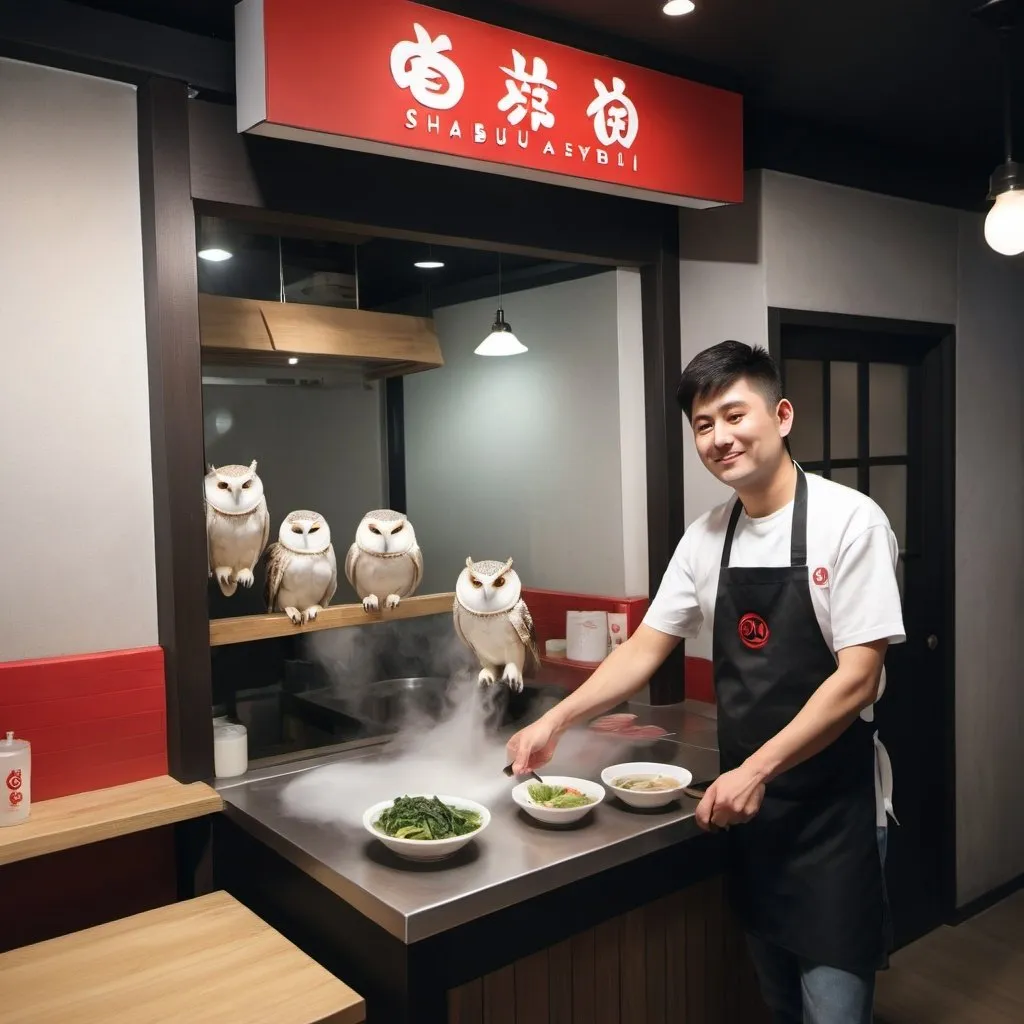 Prompt: Owl opens a shabu shop