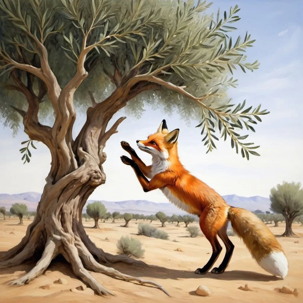 Prompt: I want to draw an oil painting drawing showing a fox trying to climb an olive tree where he is in a kind of desert