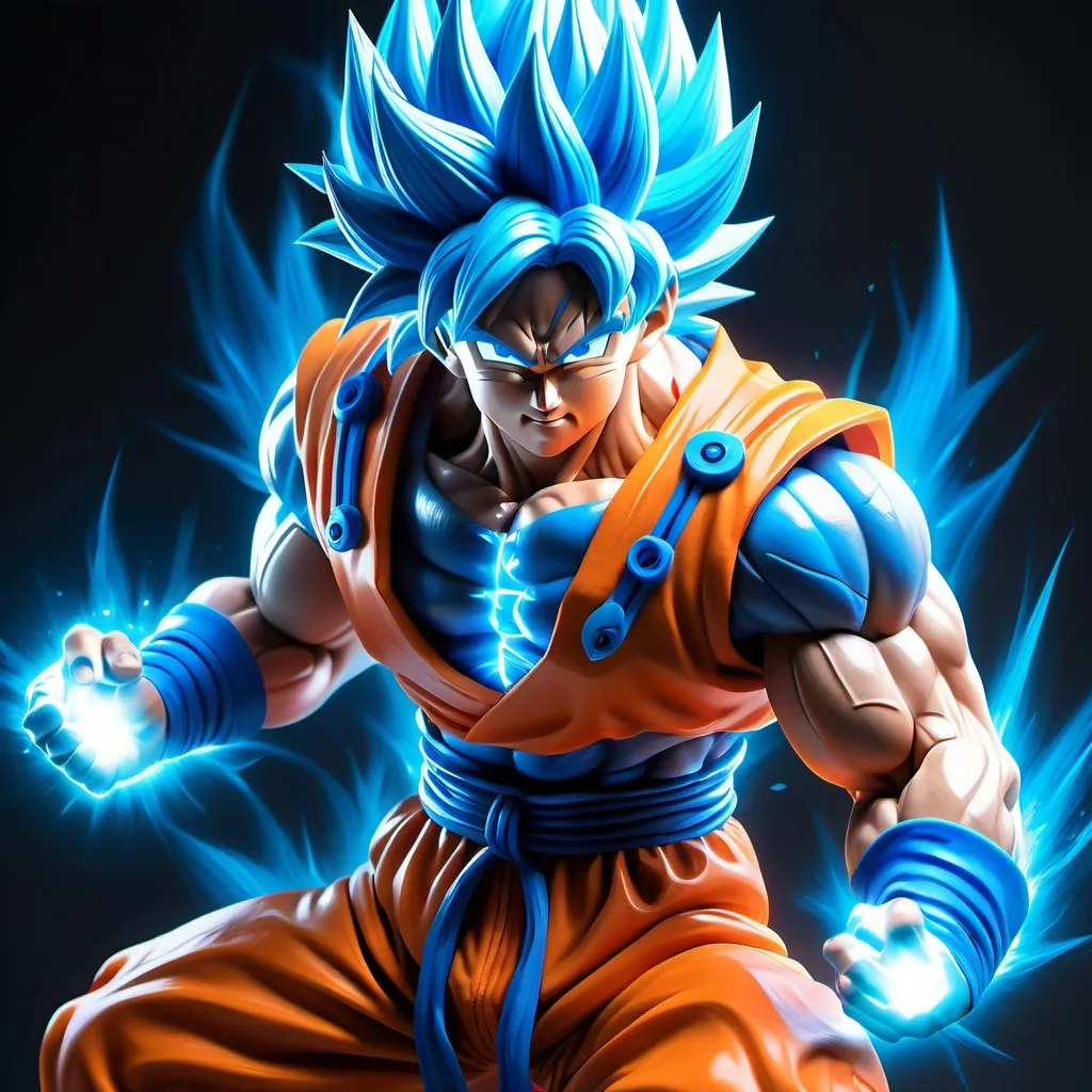 Prompt: Create a highly detailed, realistic depiction of a powerful warrior inspired by Goku in his Super Saiyan Blue form. The character should have spiky, glowing blue hair, intense blue eyes radiating energy, and an athletic, muscular physique. He is dressed in an orange and blue gi with subtle battle wear and tear, standing in a dramatic pose with a glowing blue aura surrounding him. The background shows a dynamic, stormy sky with bolts of energy and glowing light particles for an intense, otherworldly atmosphere. Focus on intricate details in the hair, clothing, and energy effects."