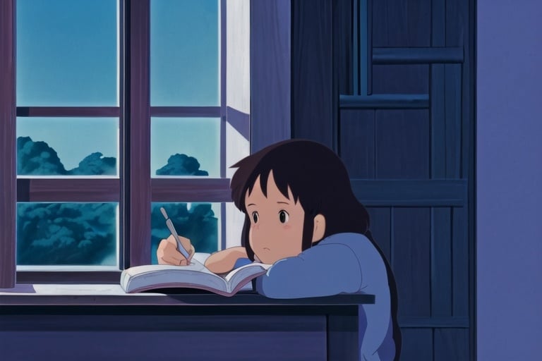 Prompt: a cute girl studying beside a window
 